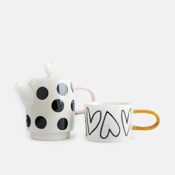 Ensemble théière et tasse en céramique à motifs de pois et de cœurs
