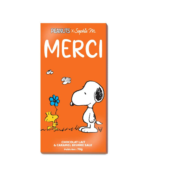 Tablette Chocolat au Lait Caramel Beurre Salé Snoopy Merci 70g | Peanuts 75 ans