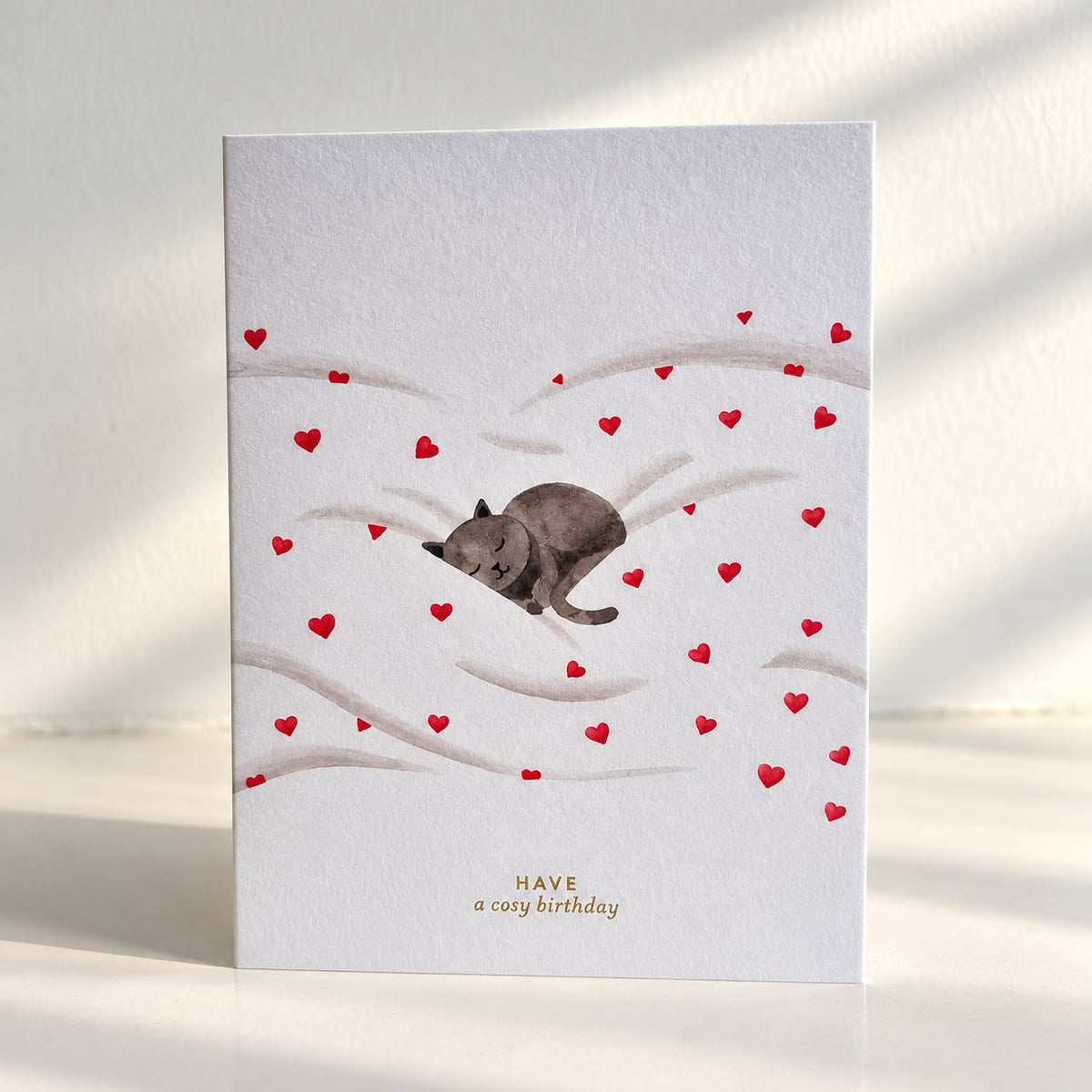 Carte d’anniversaire Cosy Cat – Chat et dorure à l’or