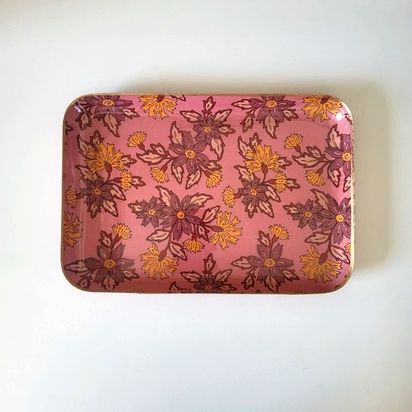 Plateau bohème chic en métal émaillé 🌸💜 – Motifs fleurs & bordure dorée