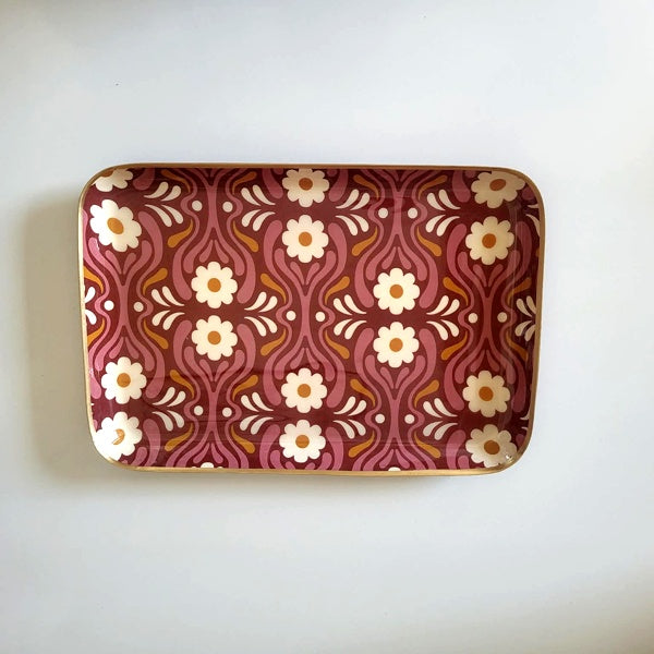 Plateau bohème chic en métal émaillé 🌸💜 – Motifs fleurs & bordure dorée