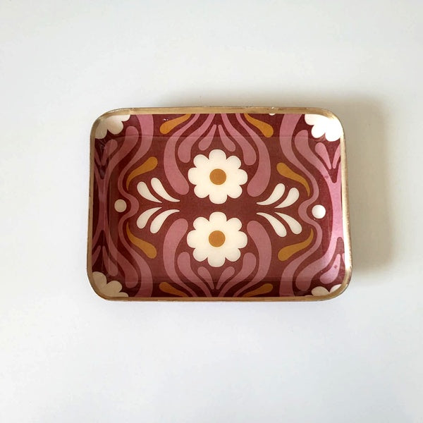 Plateau Tiny bohème chic Bonheur du Jour 🌸✨ – Mini plateau en métal émaillé, motifs exclusifs & bordure dorée