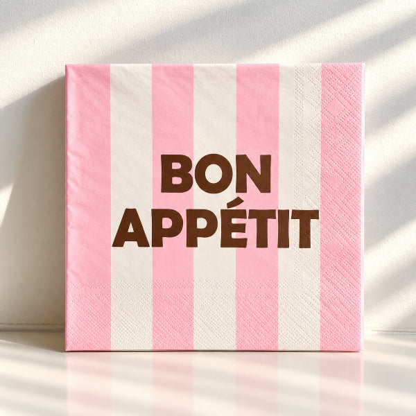 Serviettes en papier “Bon Appétit” rayures roses x20