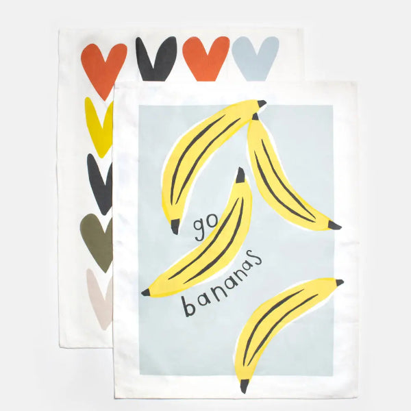 Lot de 2 torchons de cuisine à motifs banane/cœurs Caroline Gardner